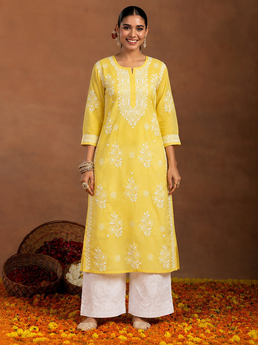 Chhavi Cotton Chikankari Straight Kurti with inner - Yellow