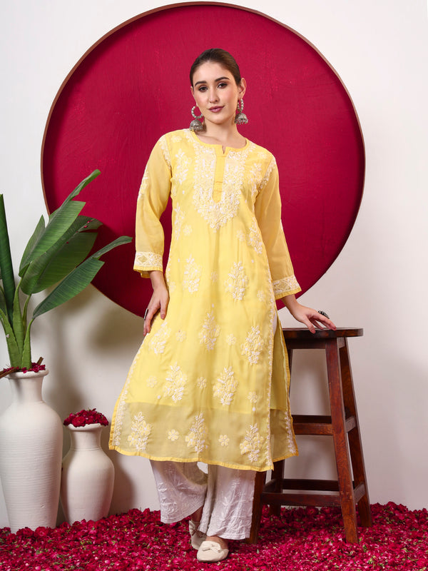 Chhavi Cotton Chikankari Straight Kurti with inner - Yellow