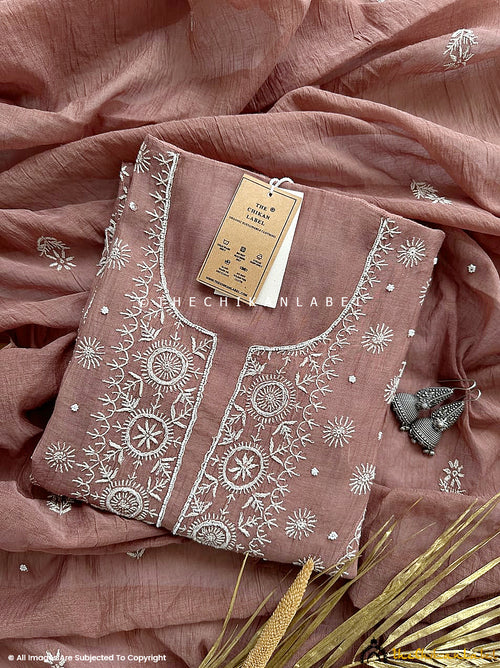 Choco Gulaal Chanderi Mulmul Semi-Stitched Kurti Piece with Dupatta