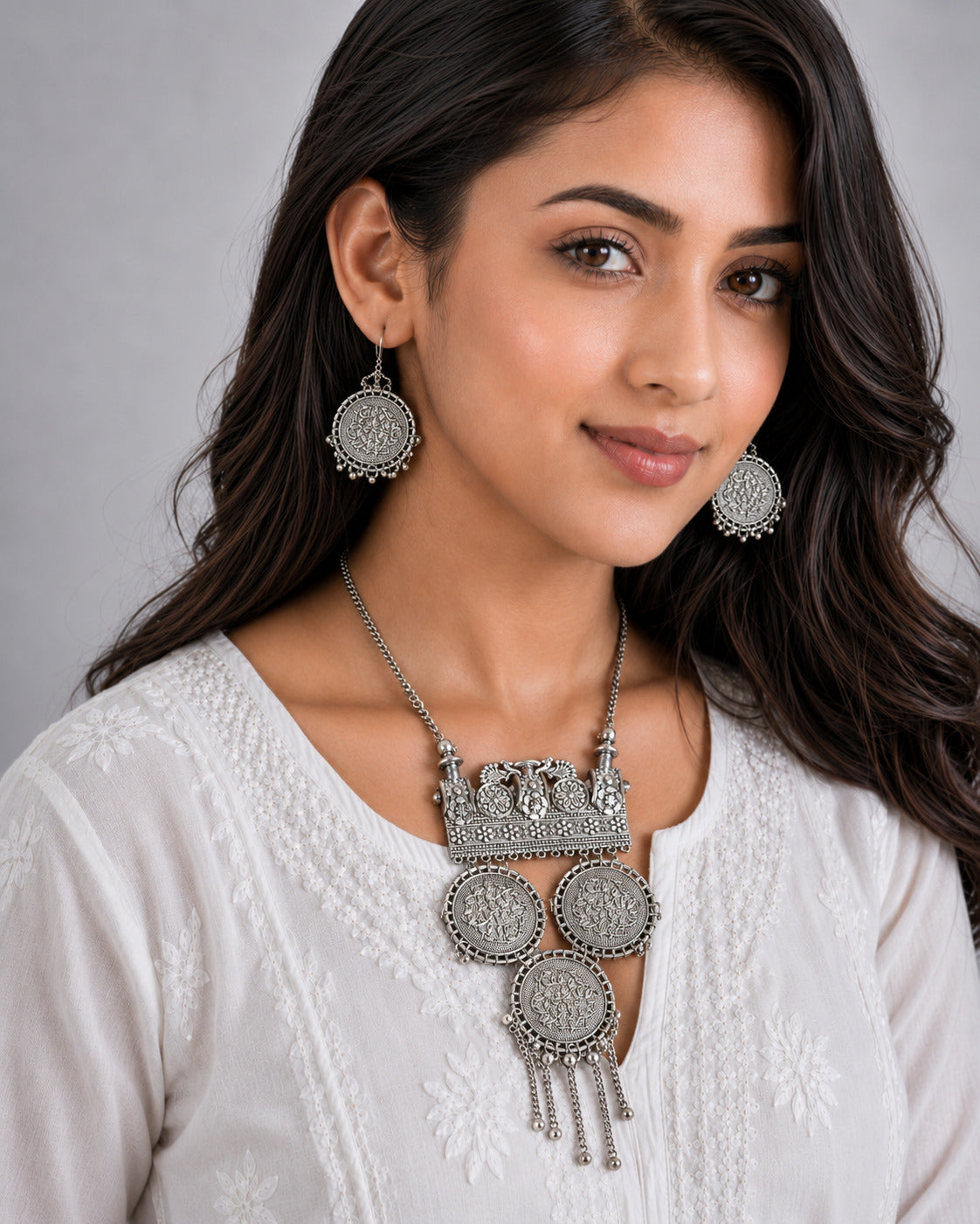 Mudra Oxidised Silver-Tone Coin Statement Necklace & Earrings Set
