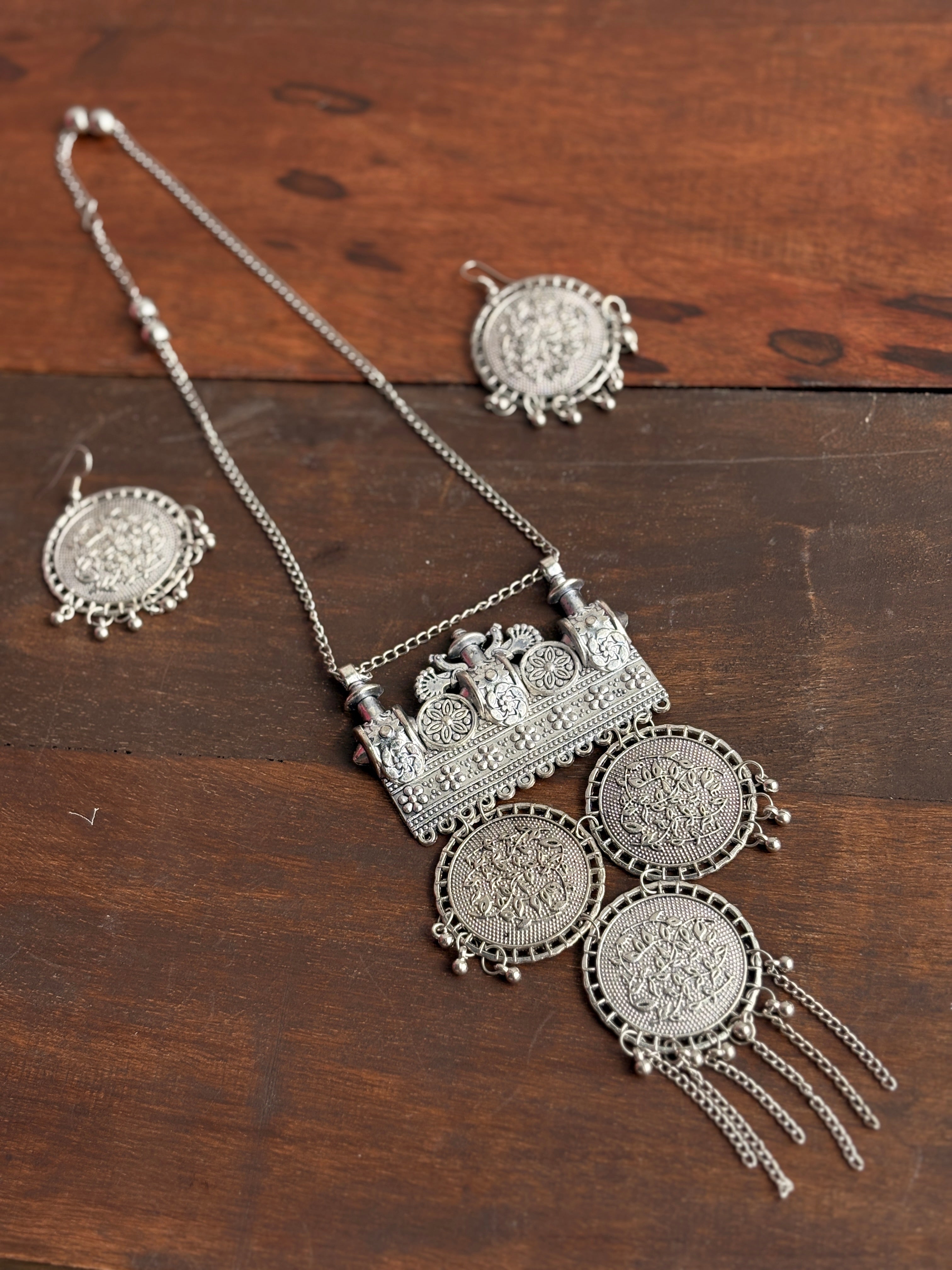 Mudra Oxidised Silver-Tone Coin Statement Necklace & Earrings Set