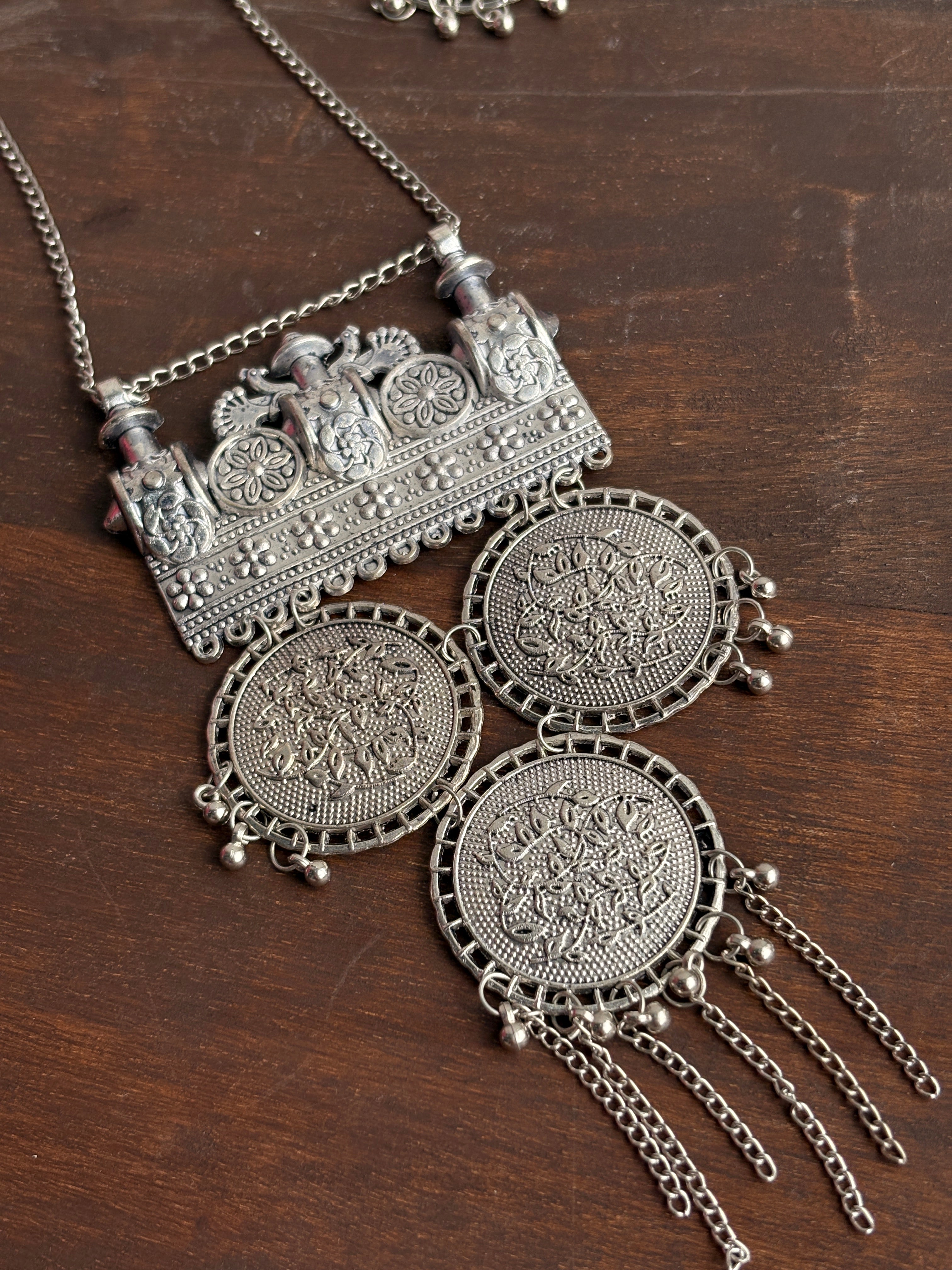 Mudra Oxidised Silver-Tone Coin Statement Necklace & Earrings Set