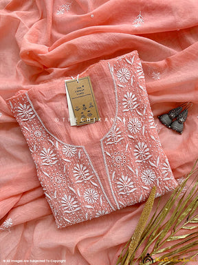 Coral Gulaal Chanderi Mulmul Semi-Stitched Kurti Piece with Dupatta