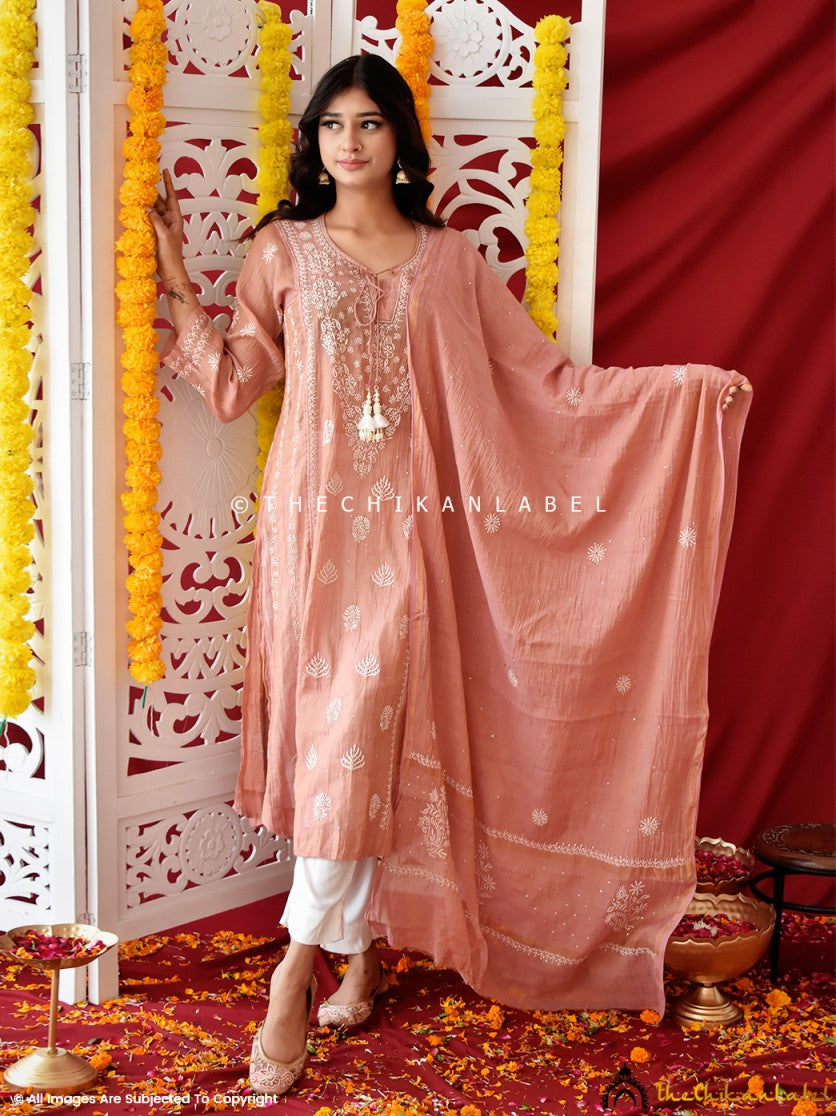 Roomi Tissue Silk Chikankari Straight Kurti With Dupatta ,Chikankari Straight Kurti With Dupatta in Silk Fabric For Woman