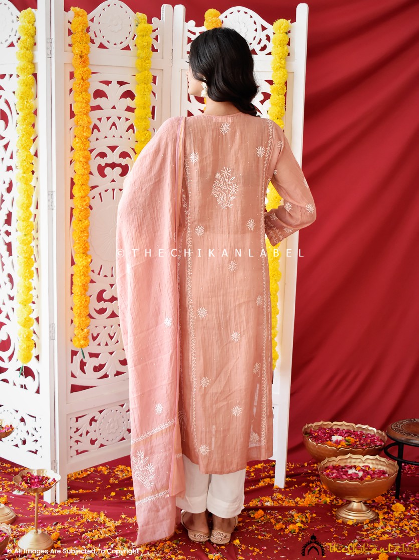 Roomi Tissue Silk Chikankari Straight Kurti With Dupatta