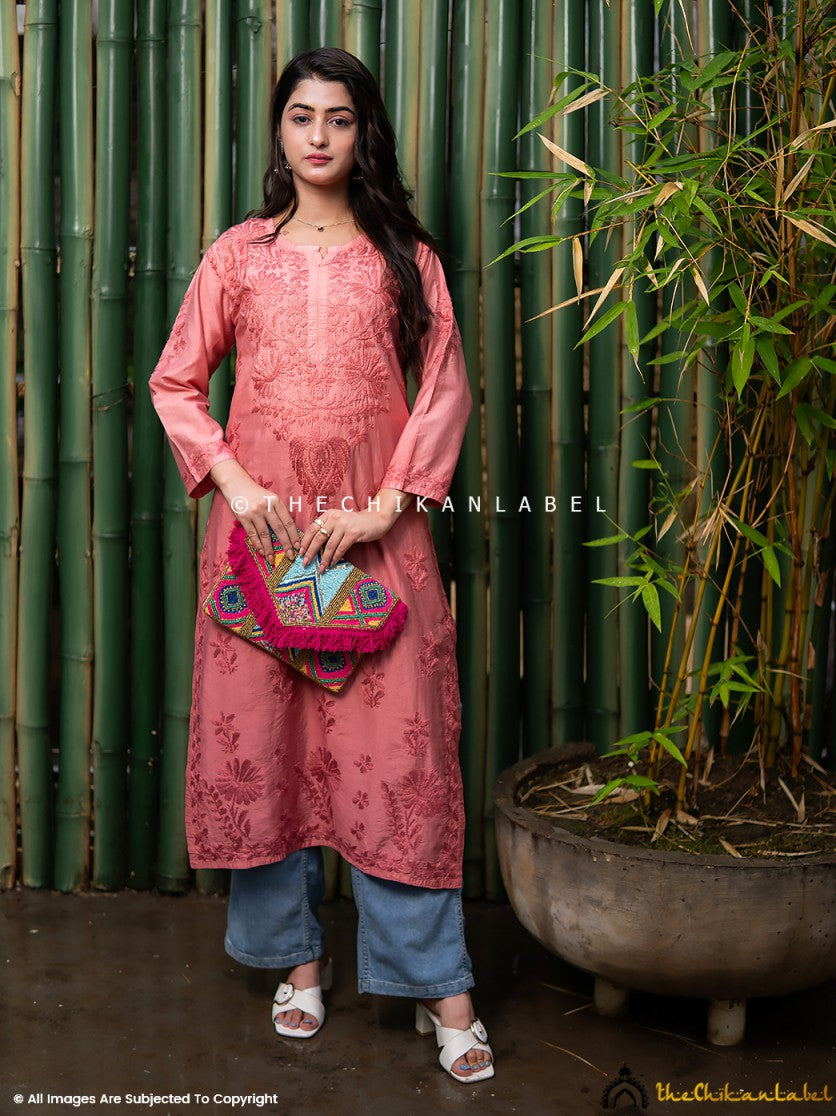 Coral Fiza Chanderi Chikankari Straight Kurti ,Chikankari Straight Kurti in Chanderi  Fabric for Woman