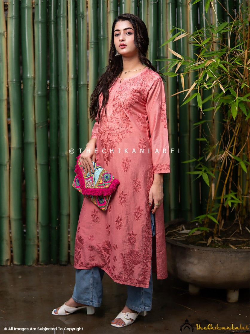 Buy chikankari straight kurti online at best prices, Shop authentic Lucknow chikankari handmade kurta kurti in chanderi fabric for women 5