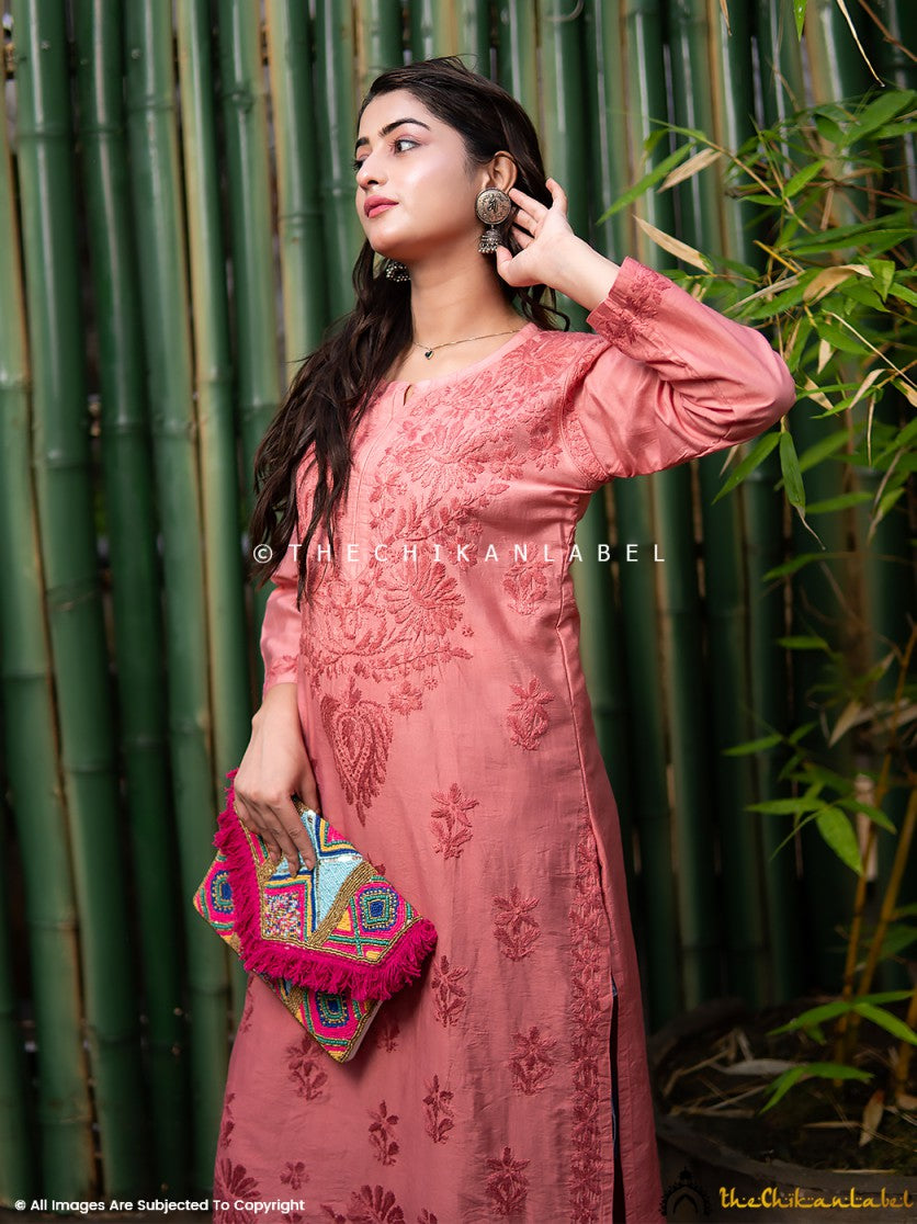Buy chikankari straight kurti online at best prices, Shop authentic Lucknow chikankari handmade kurta kurti in chanderi fabric for women 2
