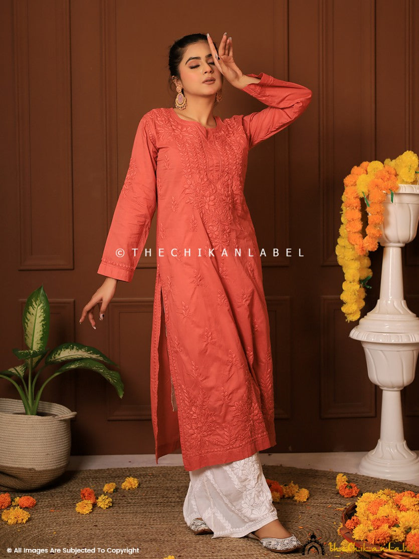 Coral Riyad Cotton Chikankari Straight Kurti , Chikankari Straight Kurti in Cotton Fabric for Woman