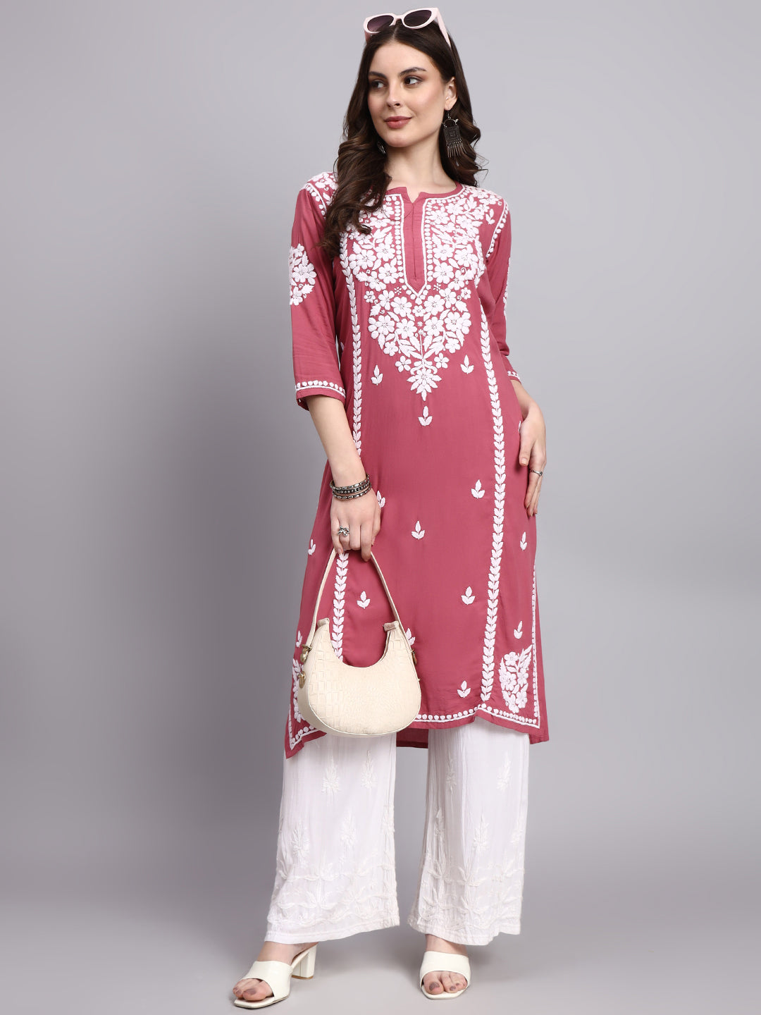 Premium rayon chikankari kurti with full handcrafted embroidery offering comfort breathability and timeless ethnic appeal