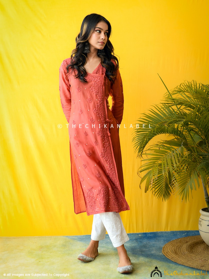 Coral Rhea Chanderi Chikankari Angrakha Kurta ,Chikankari Angrakha Kurta in Chanderi  Fabric For Woman