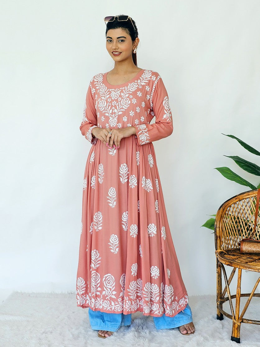 Peach Ria Modal Chikankari Anarkali Kurta