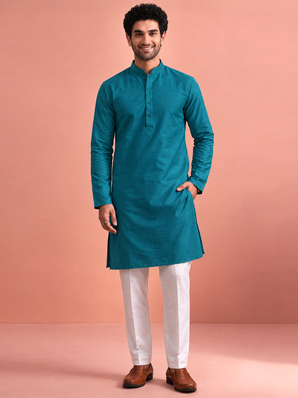 Comfortable regular wear kurta for men with a traditional straight-cut silhouette, full sleeves, button-front design, band collar, and cotton fabric suitable for daily and festive styling