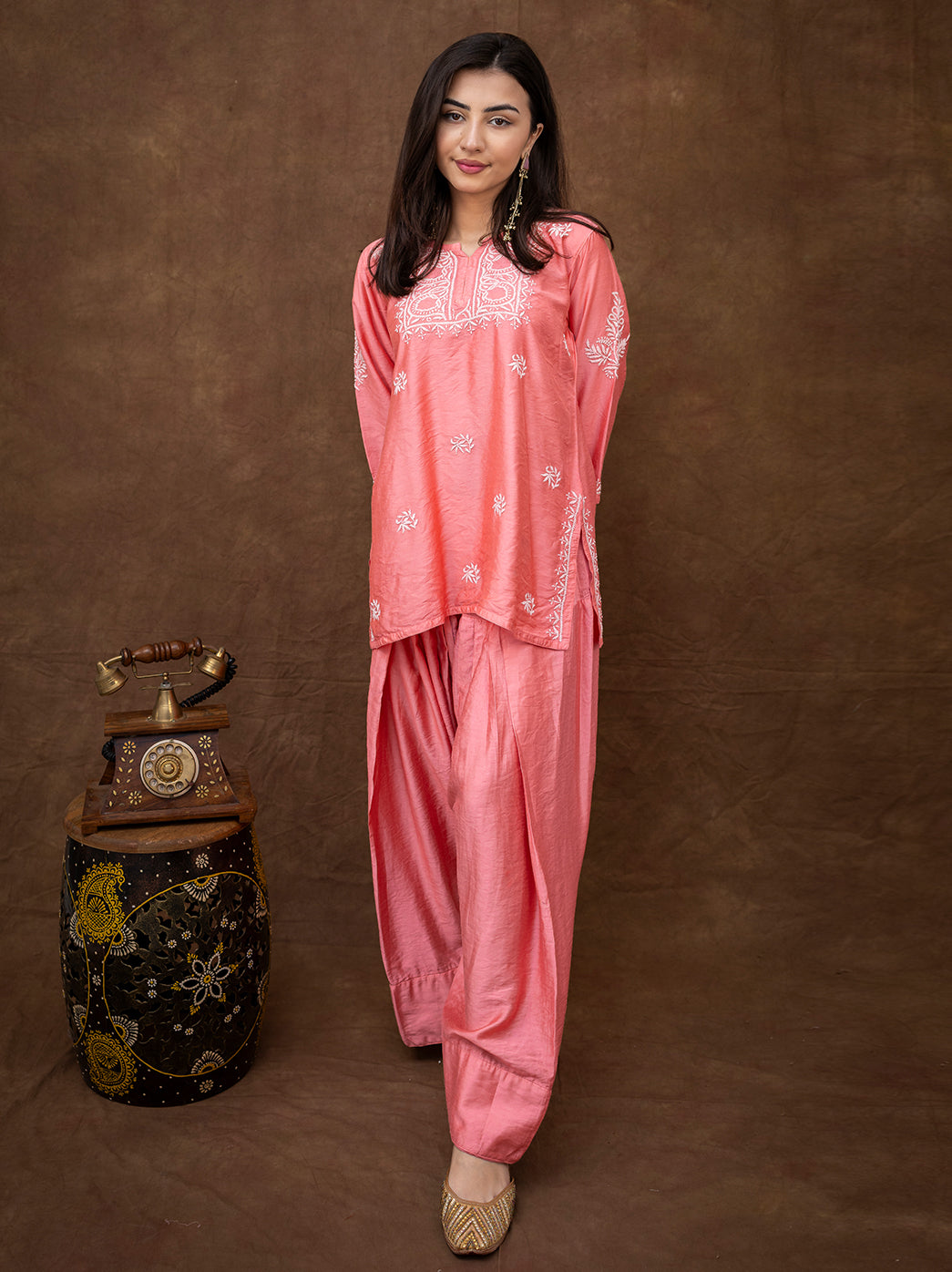 Modern ethnic wear Dhanvi Chanderi kurti farshi salwar set combining traditional chikankari embroidery with contemporary styling.