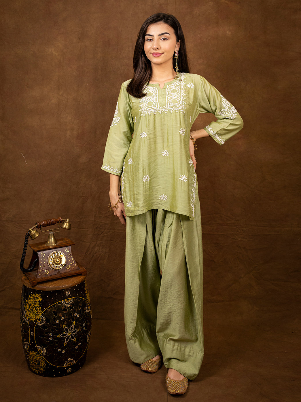 Premium Dhanvi Chanderi kurti farshi salwar set with delicate chikankari motifs on kurti paired with stylish farshi salwar for modern ethnic fashion.
