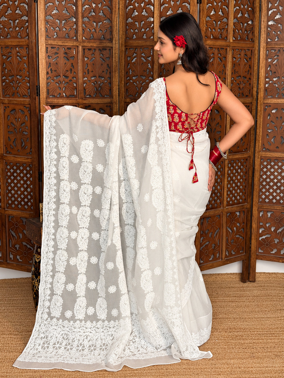 Driti Kota Cotton Chikankari Saree - White