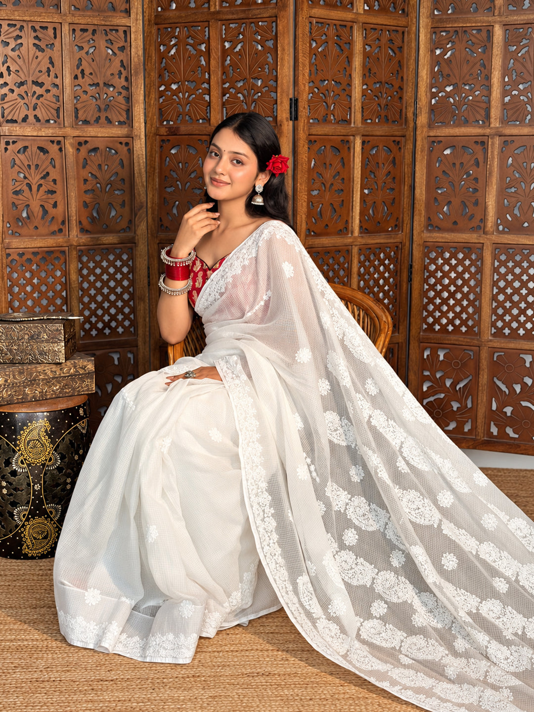 Driti Kota Cotton Chikankari Saree - White