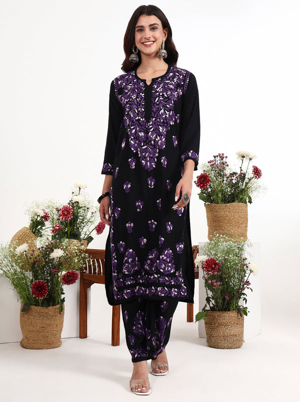 Ekisha Rayon Chikankari Kurti Palazzo Set with detailed floral embroidery and straight fit design