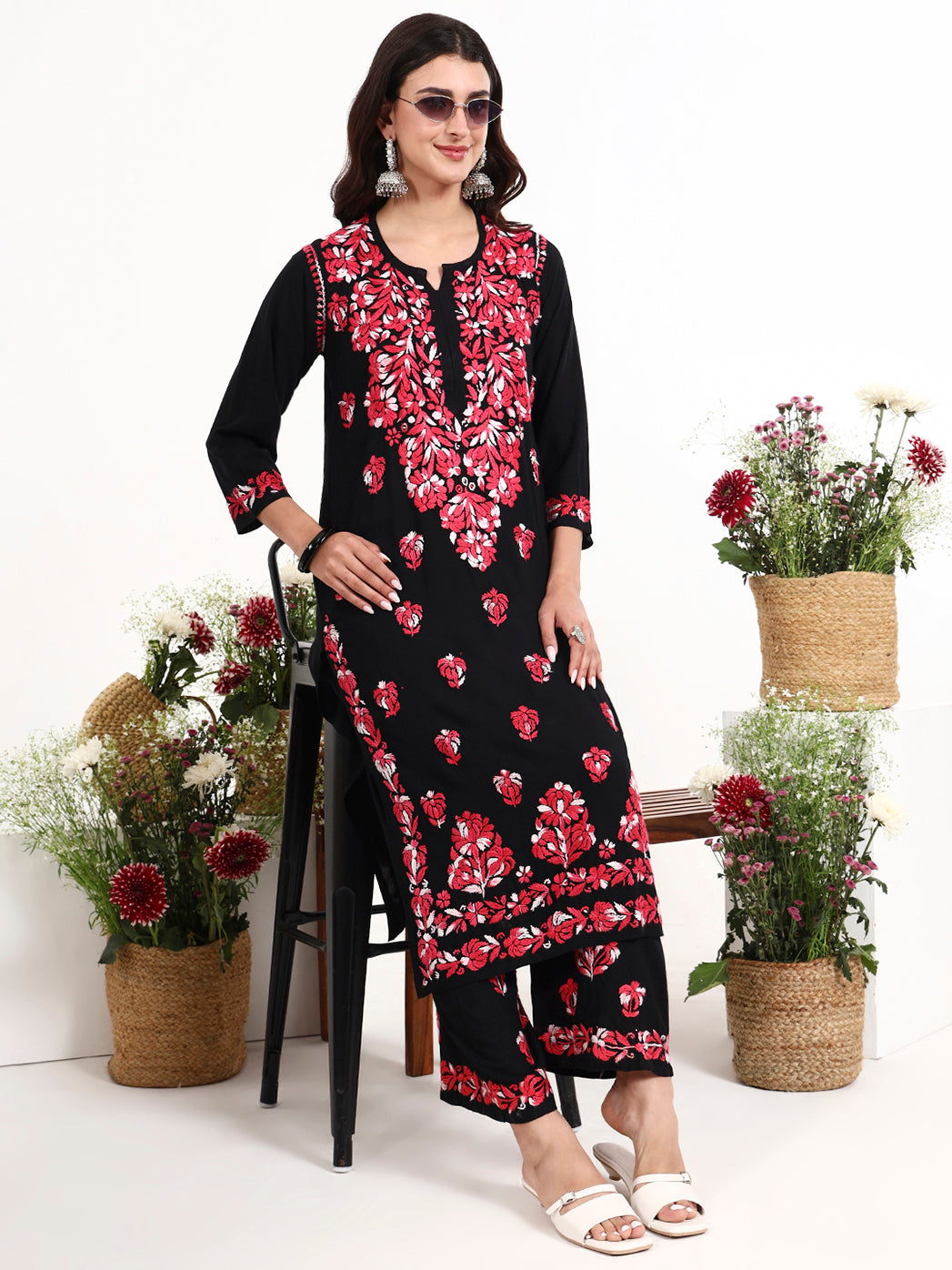 Ekisha Rayon Chikankari Kurti Palazzo Set showcasing traditional artistry with modern appeal