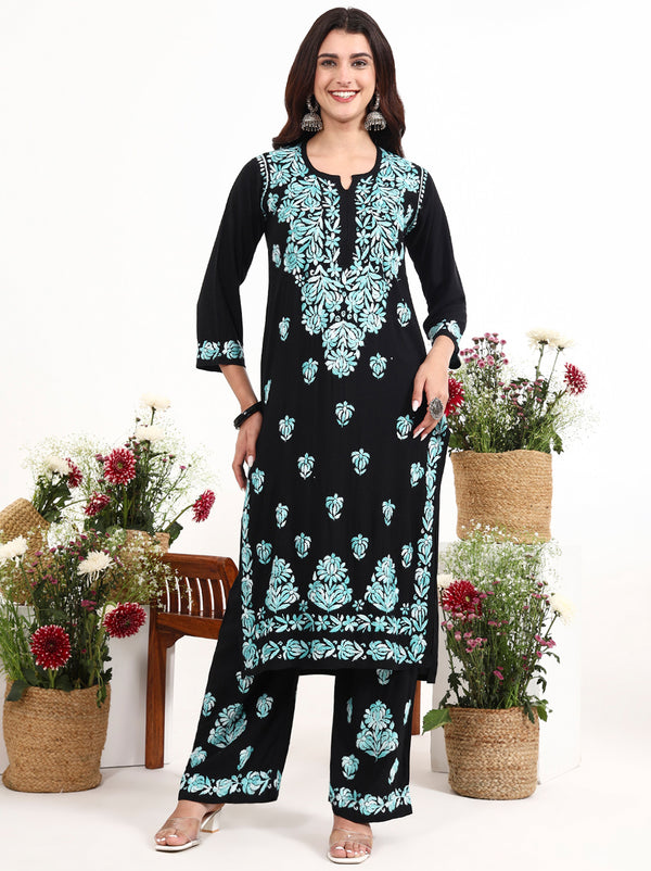 Premium women ethnic wear chikankari kurta set with intricate neckline embroidery design