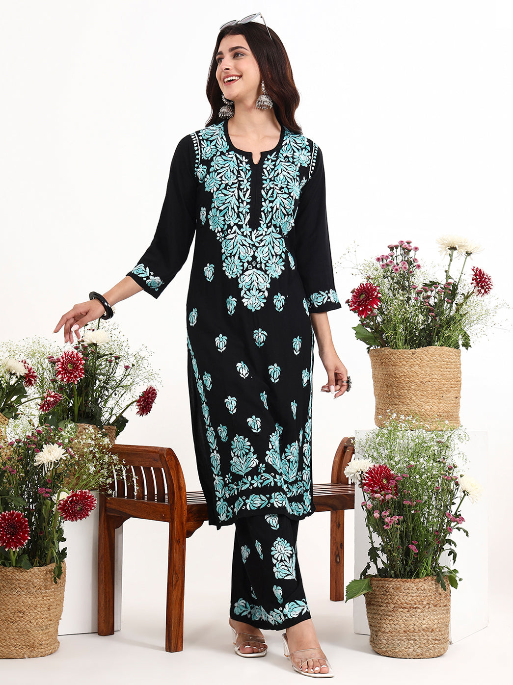 Modern chikankari kurta set with breathable fabric and easy to wear palazzo pants