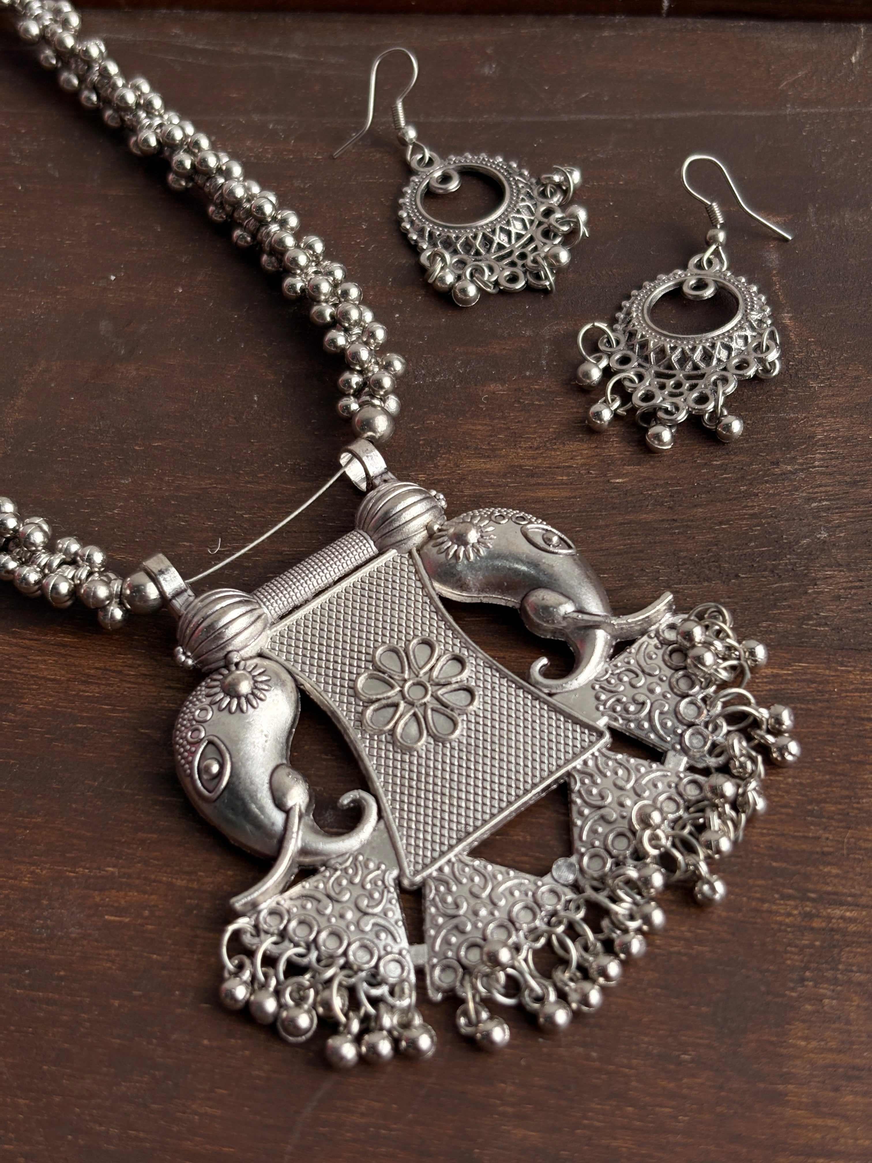Gajmala Oxidised Silver-Tone Elephant Statement Necklace & Earrings Set