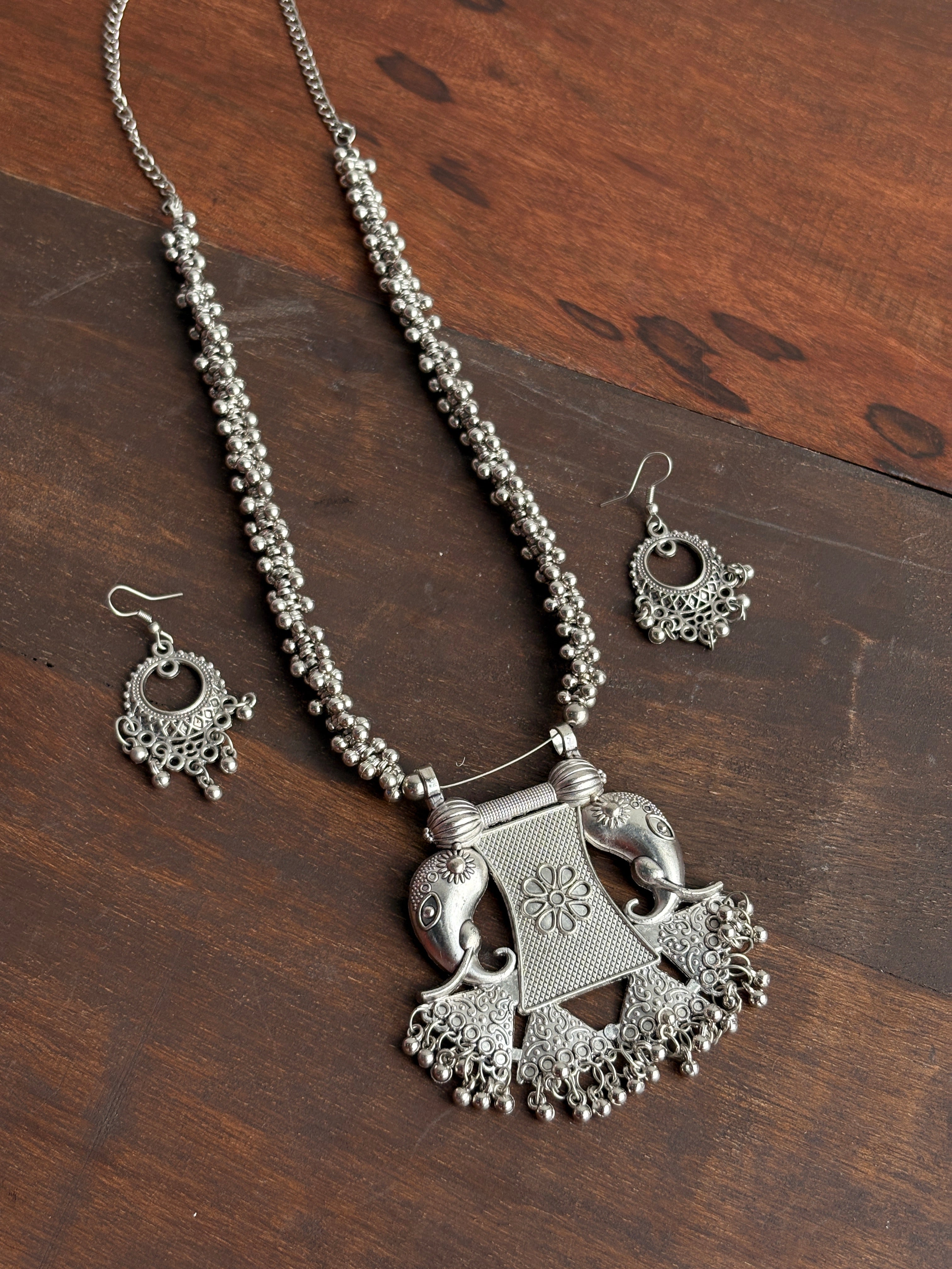Gajmala Oxidised Silver-Tone Elephant Statement Necklace & Earrings Set