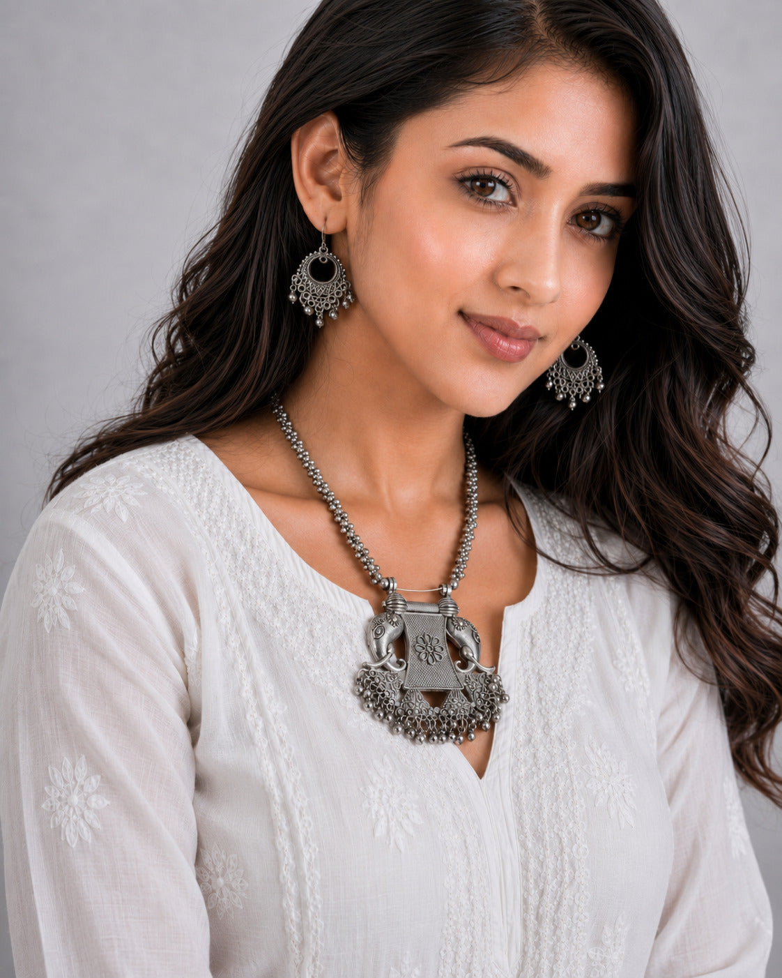 Gajmala Oxidised Silver-Tone Elephant Statement Necklace & Earrings Set