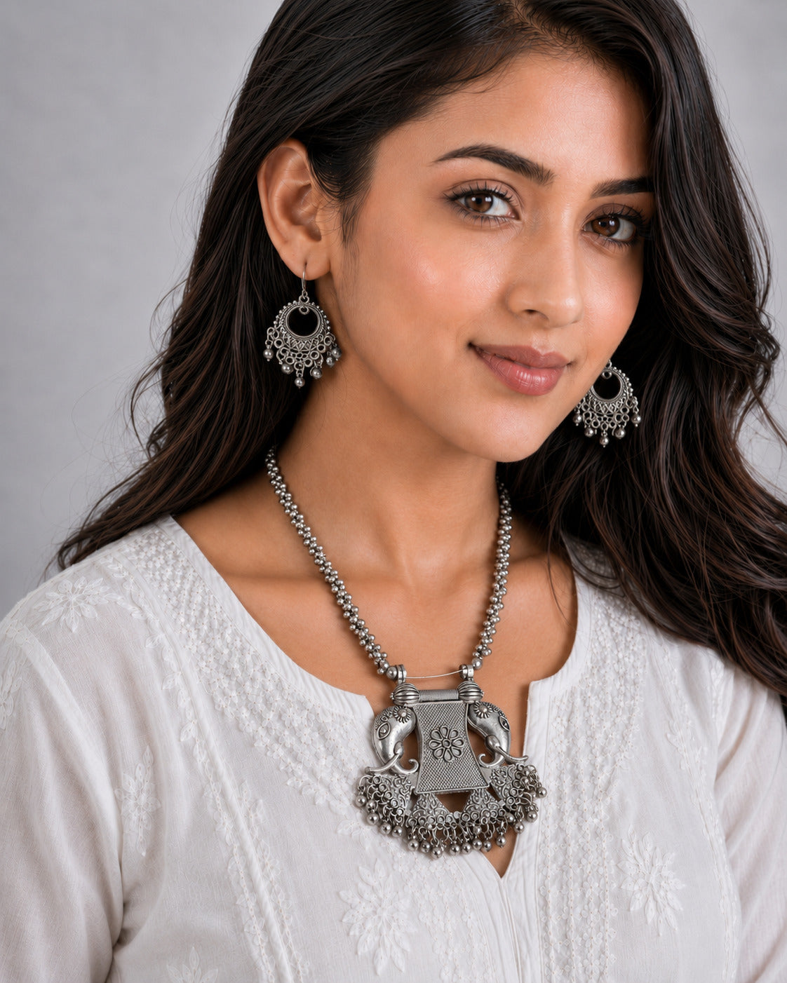 Gajmala Oxidised Silver-Tone Elephant Statement Necklace & Earrings Set