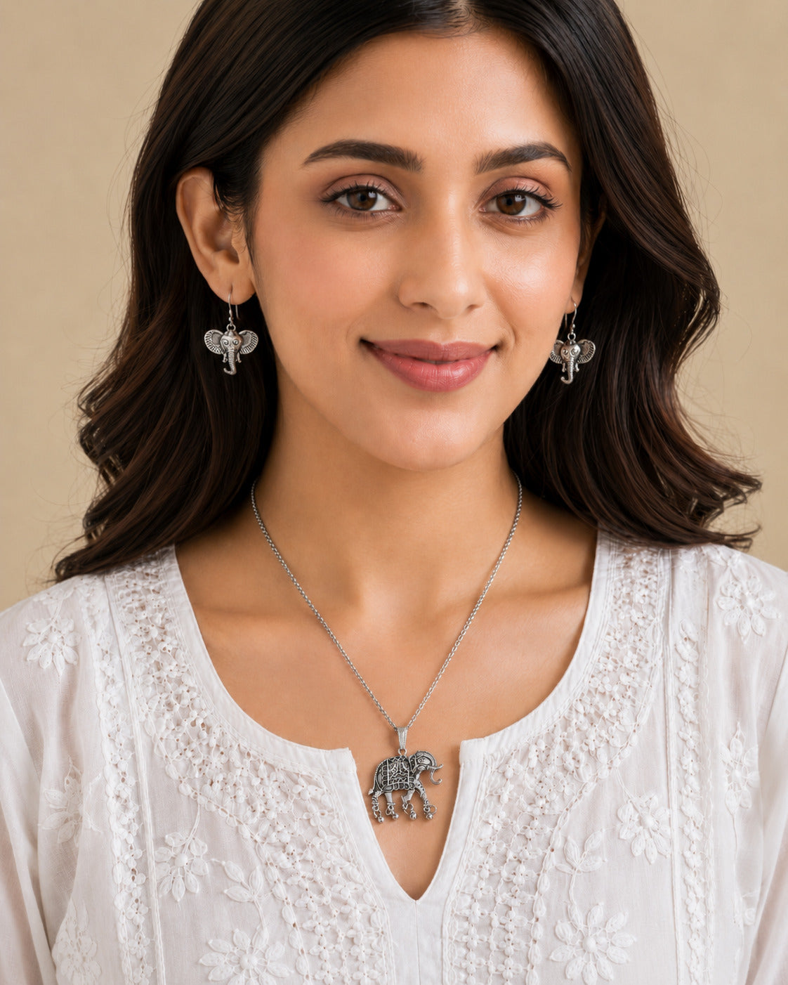 Gajraj Oxidised Silver-Tone Elephant Pendant Necklace & Earrings Set