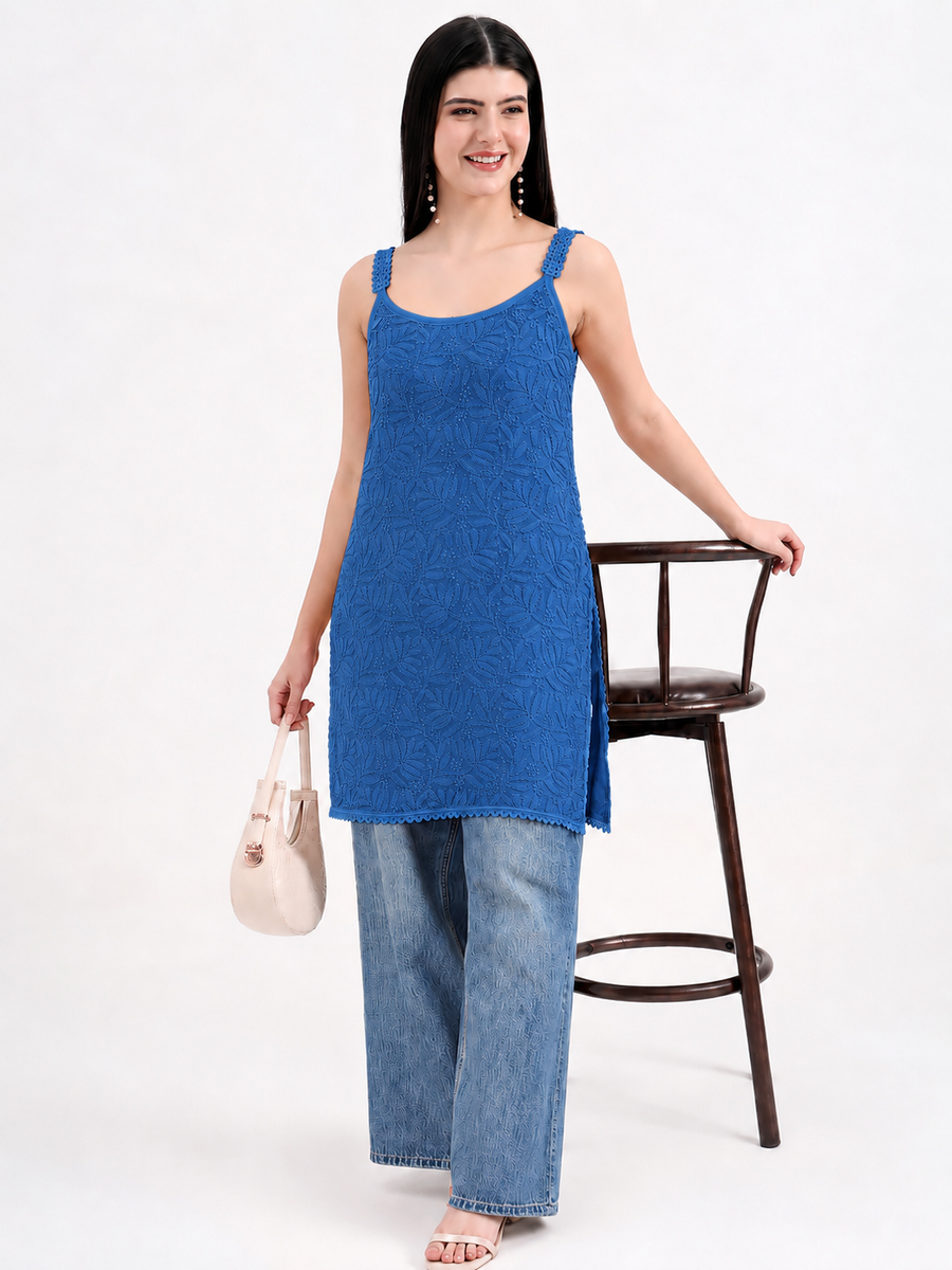 Esha Viscose Chikankari Strappy Short Kurta - Blue