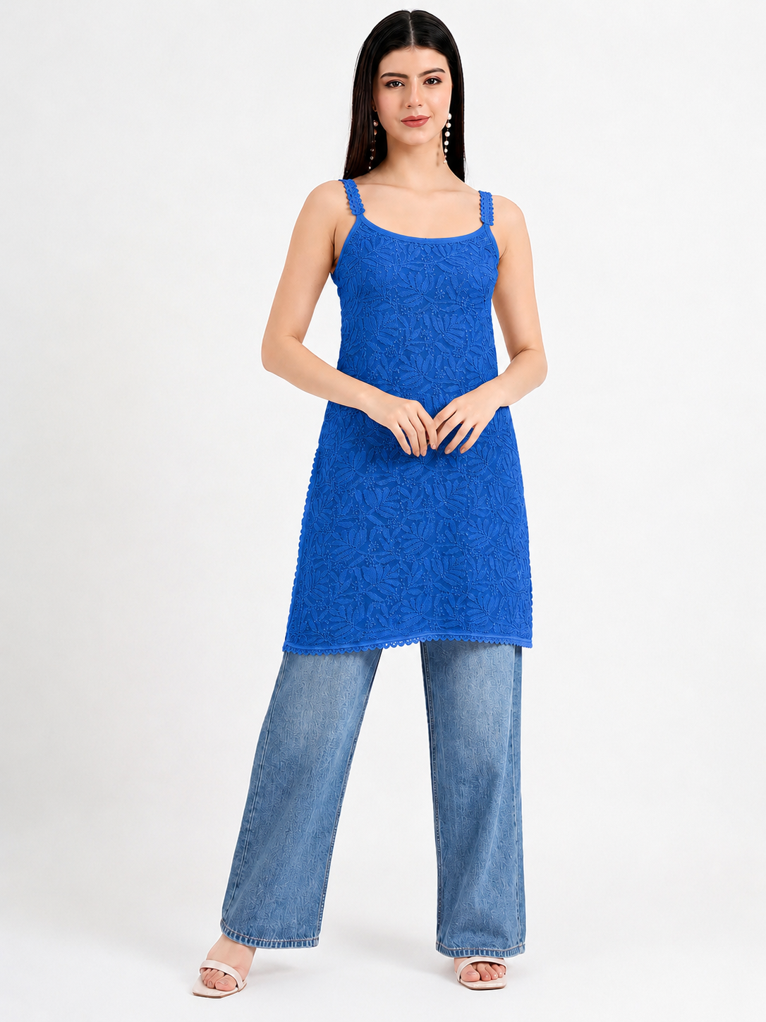 Modern short strappy kurti for women with elegant floral embroidery, lightweight viscose fabric and an easy-to-style silhouette for everyday wear.