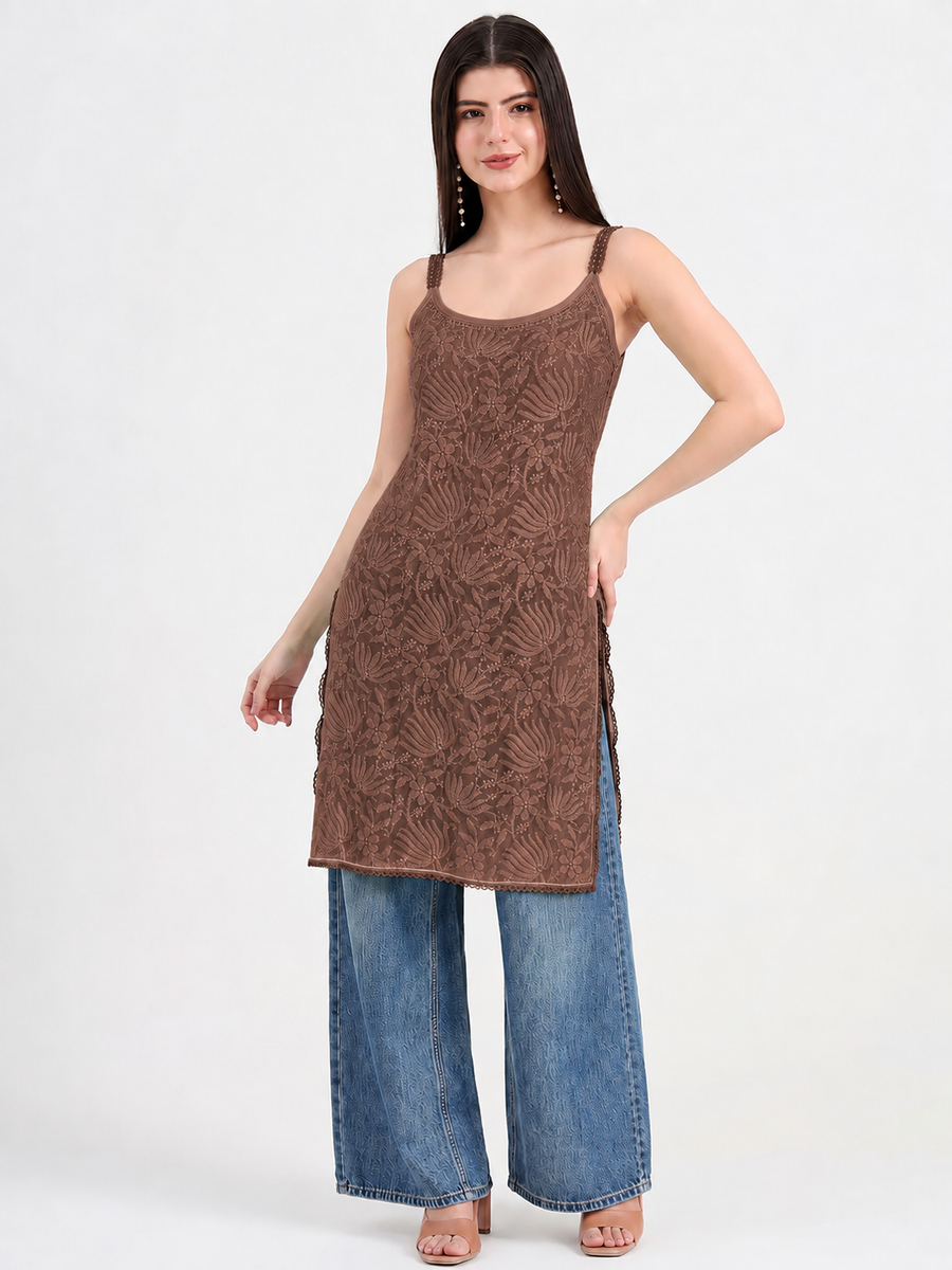 Esha Viscose Chikankari Strappy Short Kurta - Choco