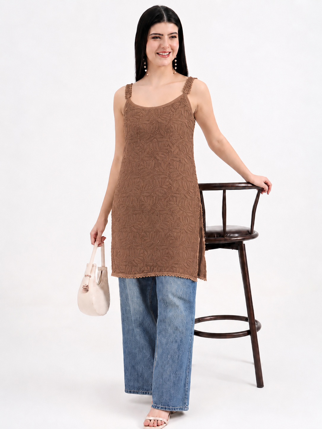 Stylish viscose short strappy kurti for women with floral embroidery, slim shoulder straps and an effortless silhouette suited for everyday casual styling.