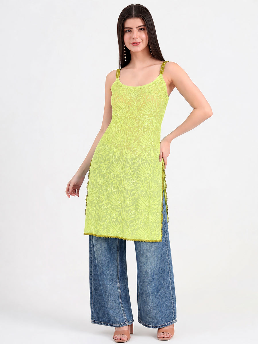 Esha Viscose Chikankari Strappy Short Kurta - Green