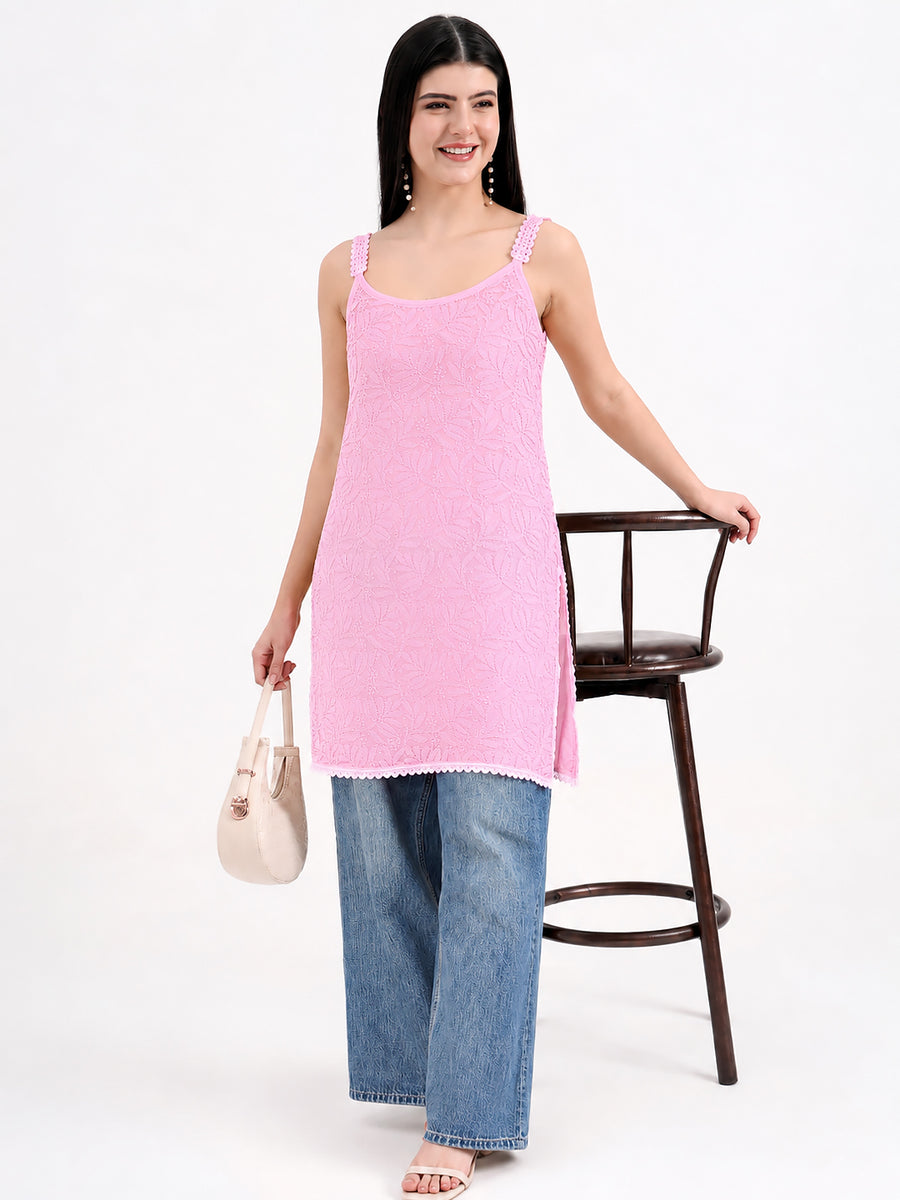 Esha Viscose Chikankari Strappy Short Kurta - Pink