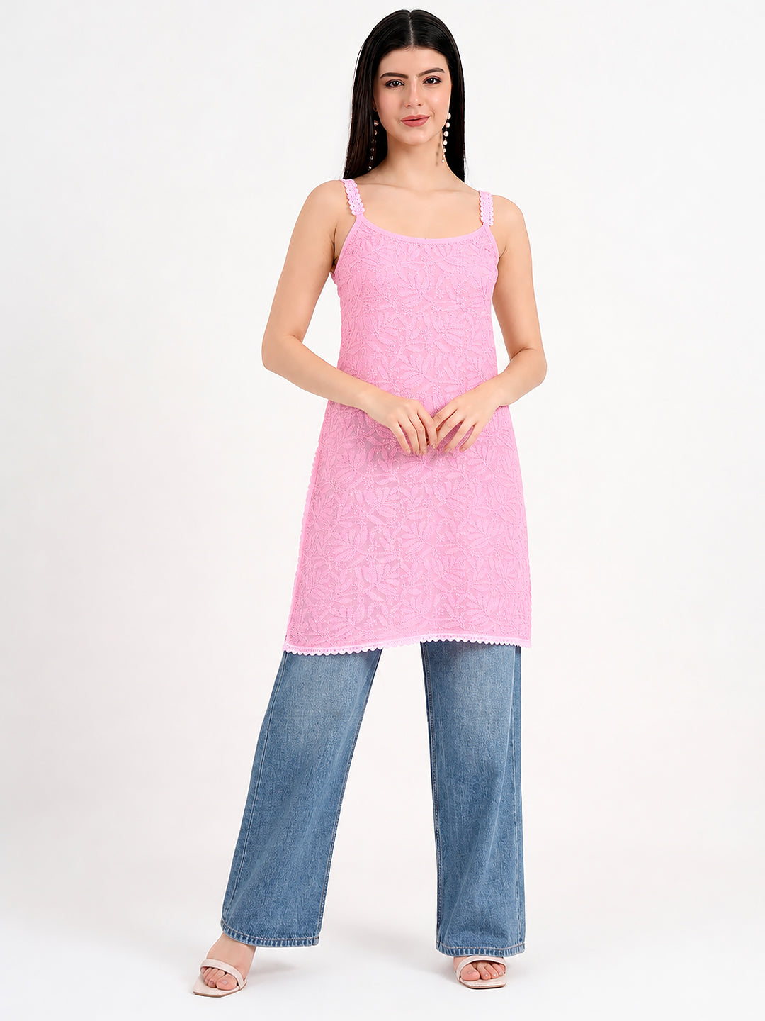 Trending strappy kurti for women with intricate embroidered detailing, slim shoulder straps and a flattering short silhouette for contemporary daywear.