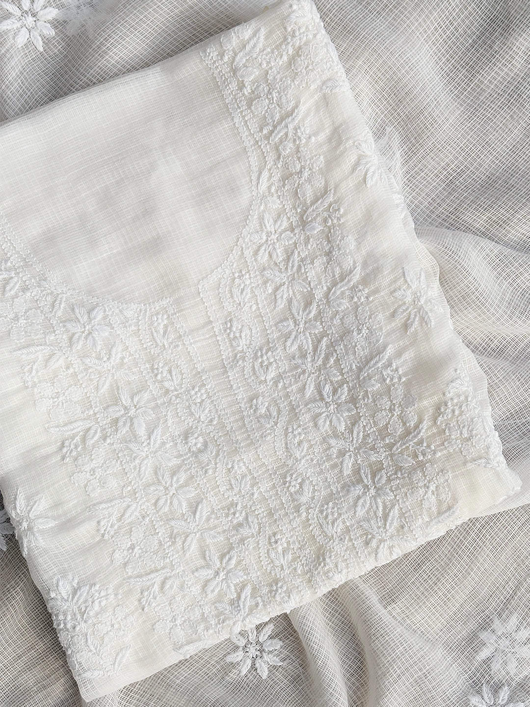 Eshani Kota Cotton Chikankari Un-stitched Kurti Piece with Dupatta - White