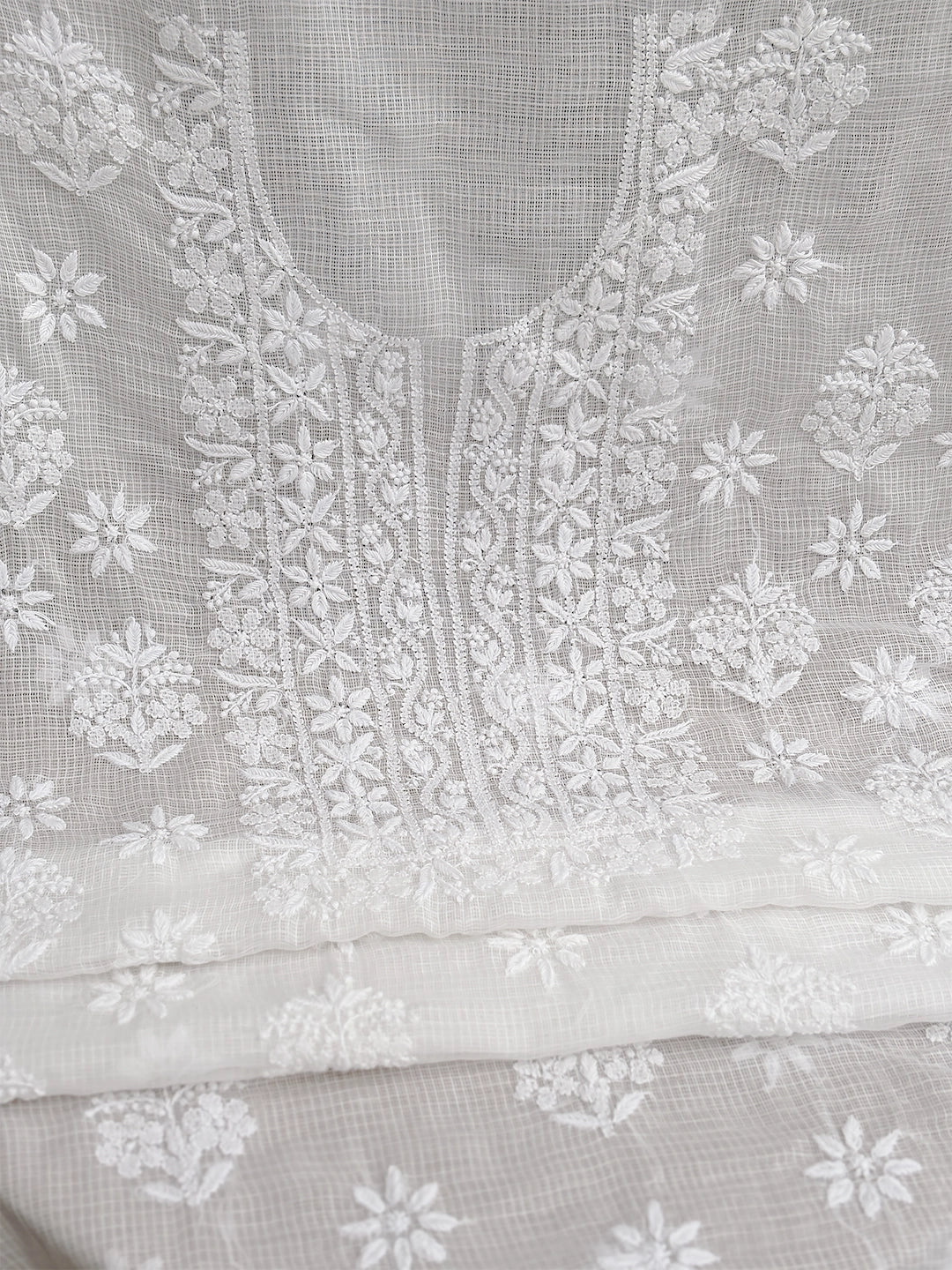 Eshani Kota Cotton Chikankari Un-stitched Kurti Piece with Dupatta - White