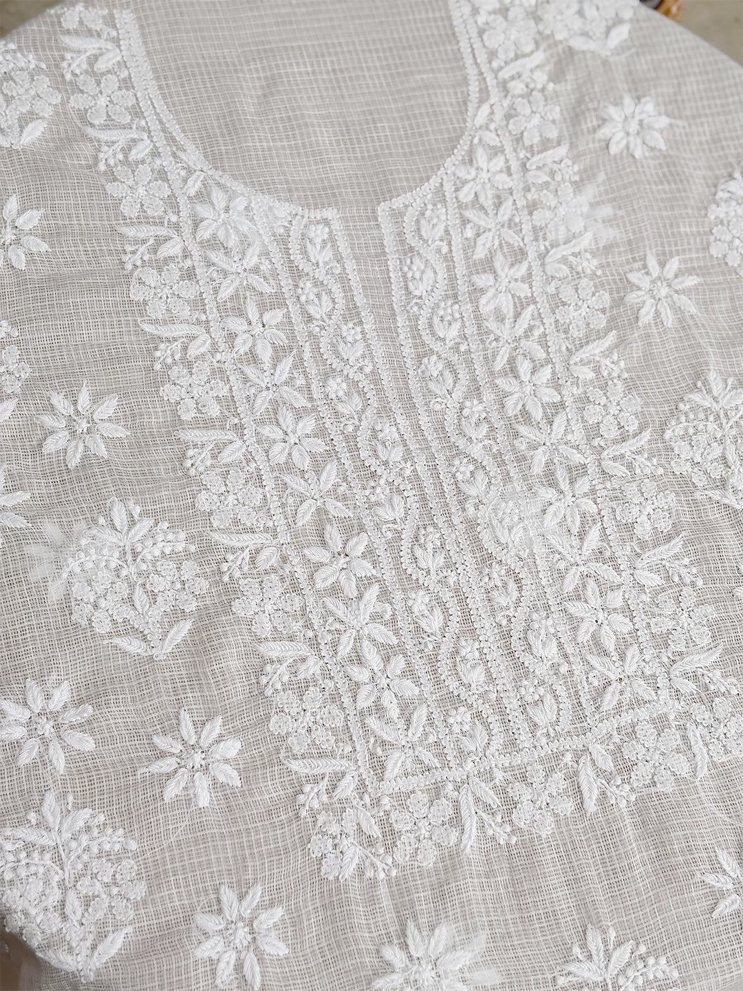 Eshani Kota Cotton Chikankari Un-stitched Kurti Piece with Dupatta - White