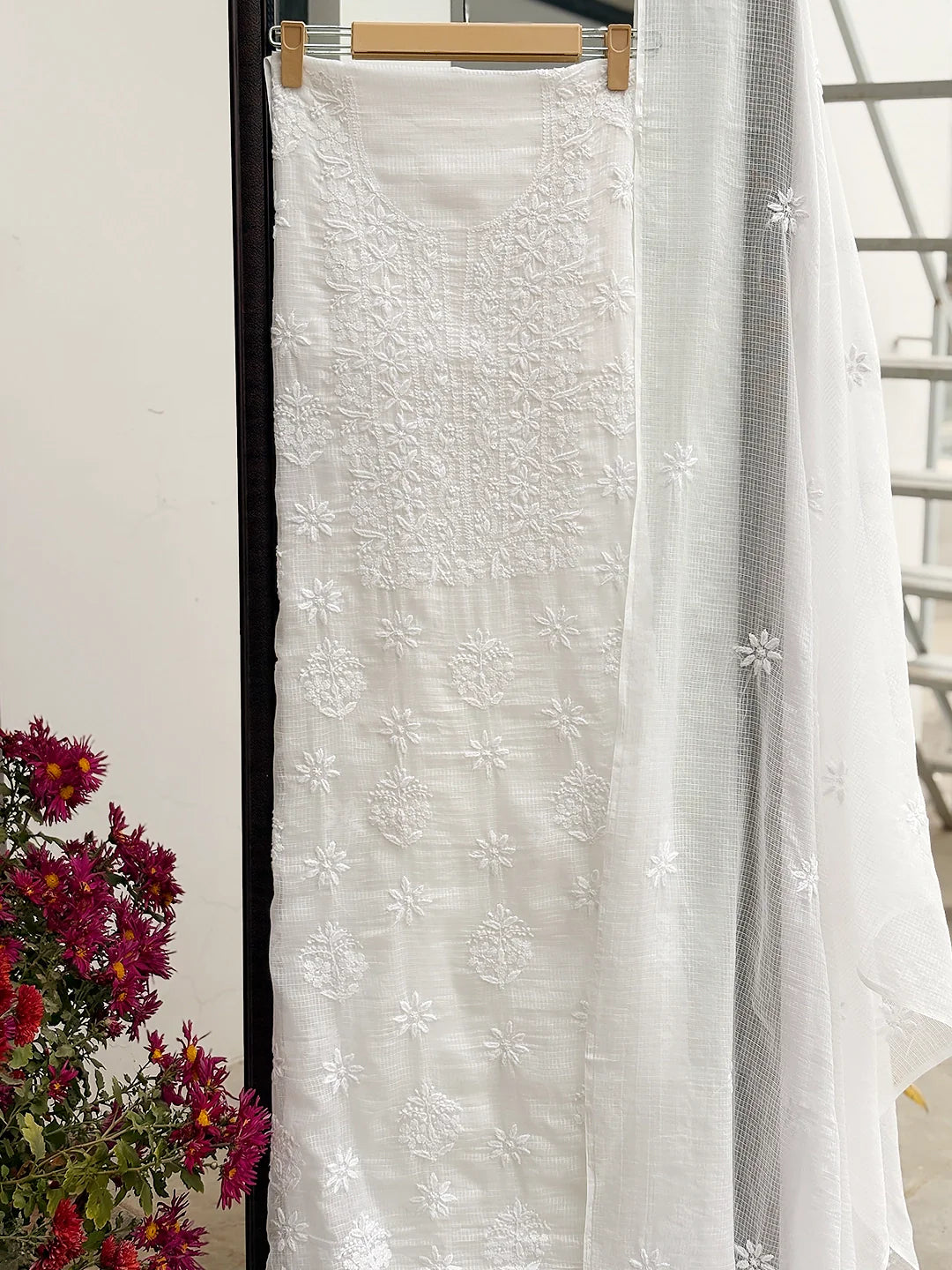 Eshani Kota Cotton Chikankari Un-stitched Kurti Piece with Dupatta - White