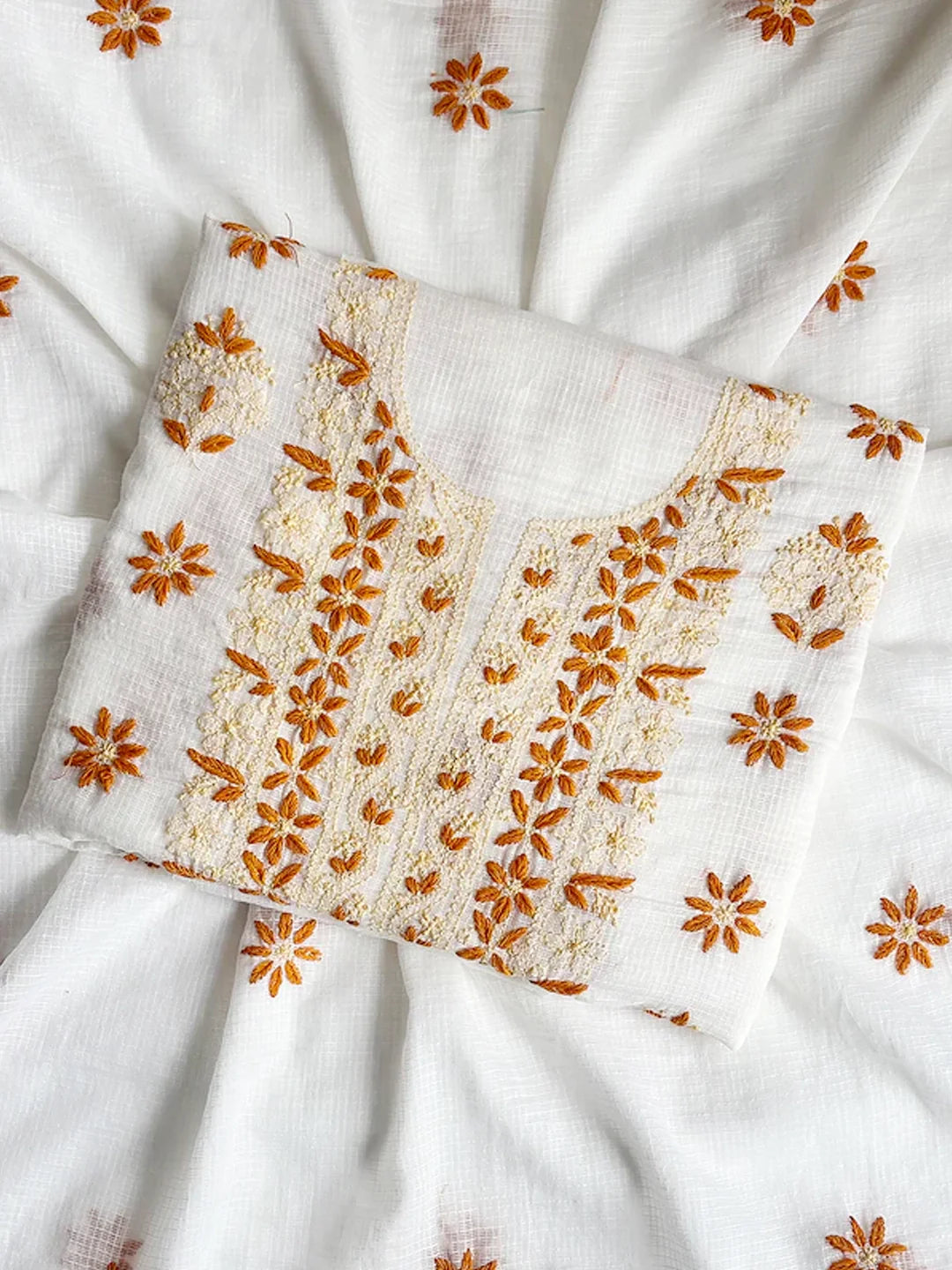 Eshani Kota Cotton Chikankari Un-stitched Kurti Piece with Dupatta - Orange