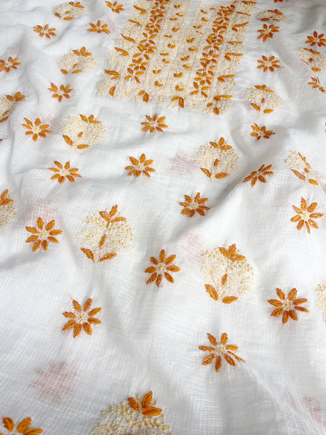 Eshani Kota Cotton Chikankari Un-stitched Kurti Piece with Dupatta - Orange