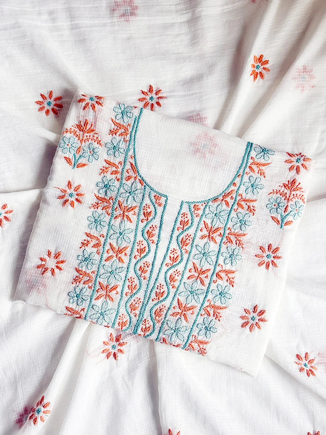 Eshani Kota Cotton Chikankari Un-stitched Kurti Piece with Dupatta - Coral