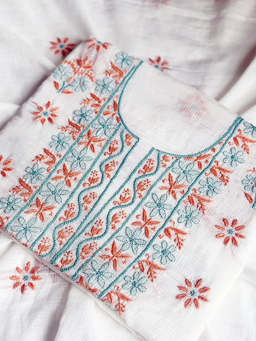 Eshani Kota Cotton Chikankari Un-stitched Kurti Piece with Dupatta - Coral