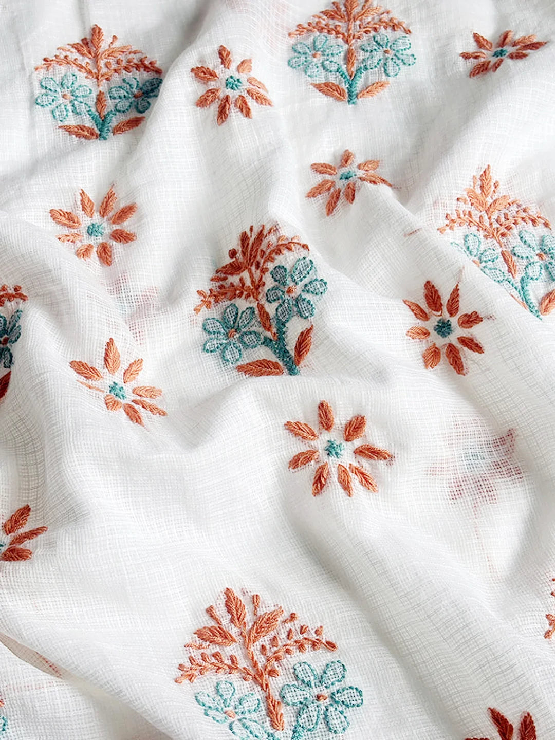 Eshani Kota Cotton Chikankari Un-stitched Kurti Piece with Dupatta - Coral