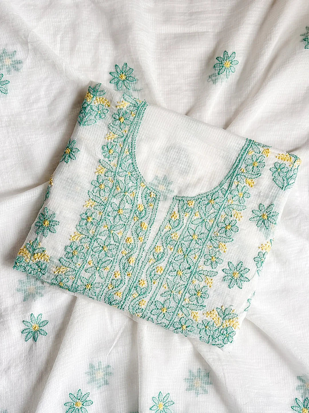 Eshani Kota Cotton Chikankari Un-stitched Kurti Piece with Dupatta - Sea Green