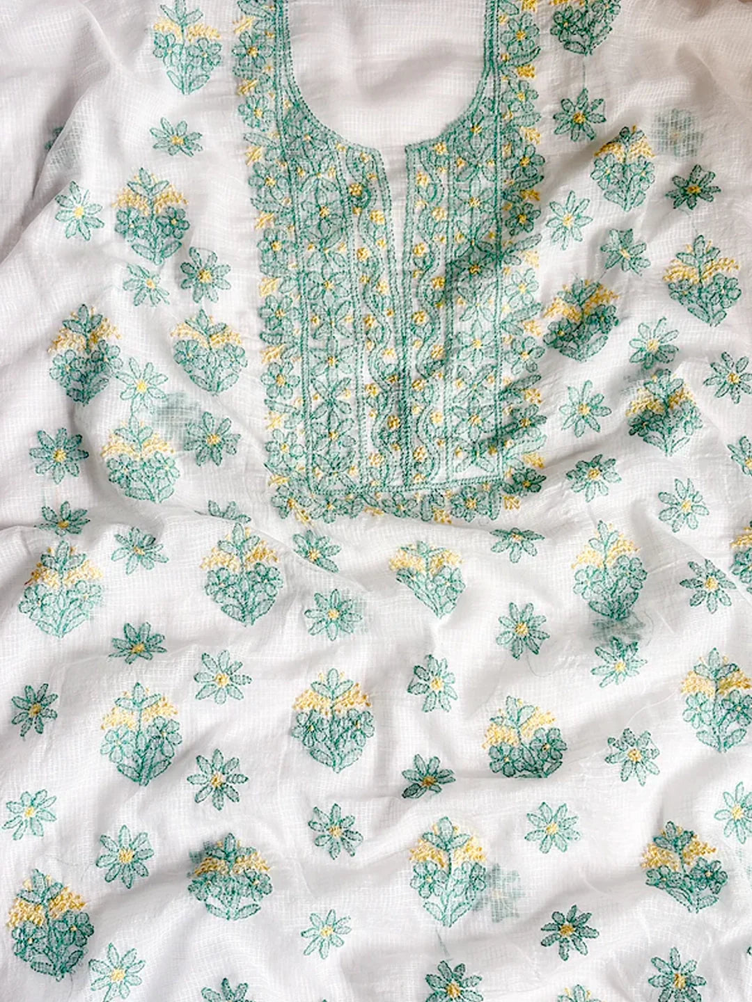 Eshani Kota Cotton Chikankari Un-stitched Kurti Piece with Dupatta - Sea Green