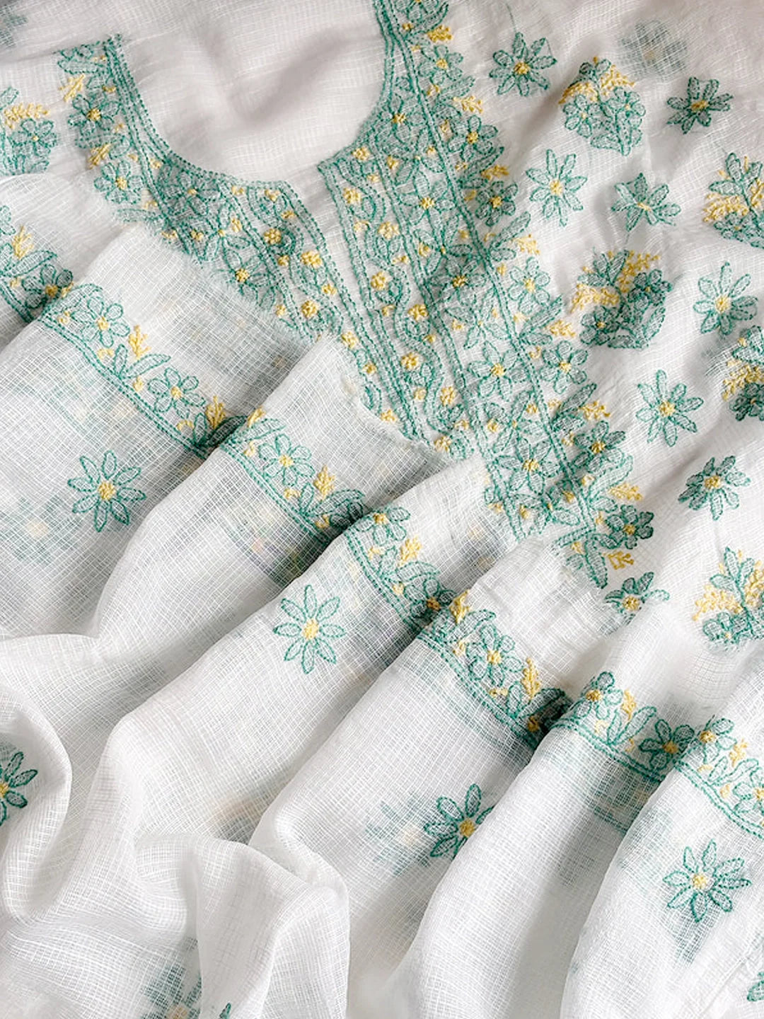 Eshani Kota Cotton Chikankari Un-stitched Kurti Piece with Dupatta - Sea Green