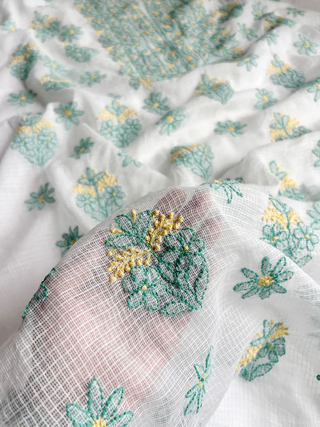 Eshani Kota Cotton Chikankari Un-stitched Kurti Piece with Dupatta - Sea Green